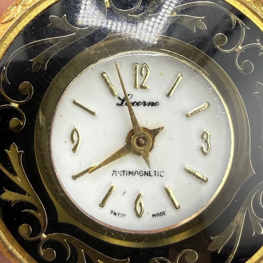 Vintage Lucerne Pendant Watch Gold Black Enamel‎ Scroll Swiss  Winds And Ticks